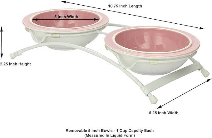 Two 1-Cup Dishwasher-Safe Stoneware Bowl Capacity 10.75-Inch Length 2.25-Inch Tall for Extra Small and Small Dogs and Cats, White and Pink