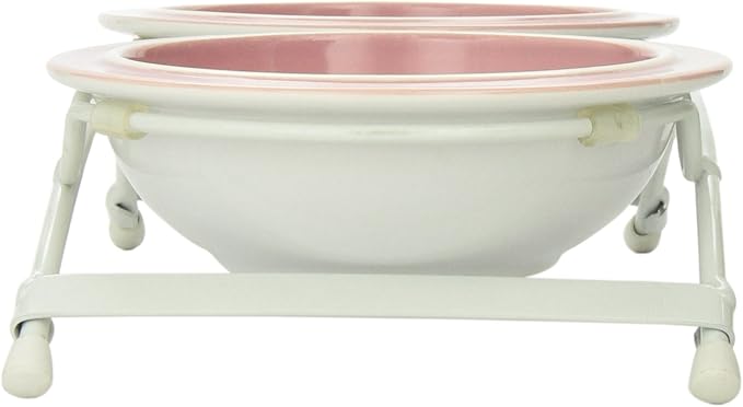 Two 1-Cup Dishwasher-Safe Stoneware Bowl Capacity 10.75-Inch Length 2.25-Inch Tall for Extra Small and Small Dogs and Cats, White and Pink