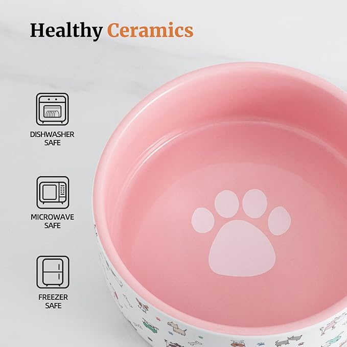 Ceramic Dog Bowls for Small Dogs, 16 Fl Oz Heavy Food and Water Bowl with Adorable Patterns (Small, Pink)