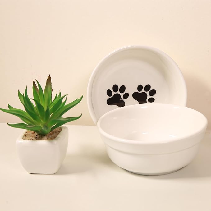 5" Ceramic Cat Bowl with Paws Pattern, Cat Food Bowl for Food and Water, Healthy Cat Dishes for Indoor Cats and Small Dogs, Dishwasher Safe & Microwaveable - White