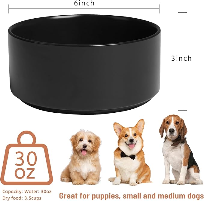 Ceramic Dog Bowls, Non Slip Dog Food and Water Bowl with Silicone Base, Heavy Pet Feeding Bowl for Small, Medium, and Big Dogs (Black, 6 Inches)