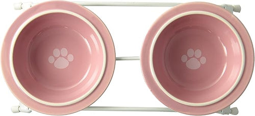 Two 1-Cup Dishwasher-Safe Stoneware Bowl Capacity 10.75-Inch Length 2.25-Inch Tall for Extra Small and Small Dogs and Cats, White and Pink