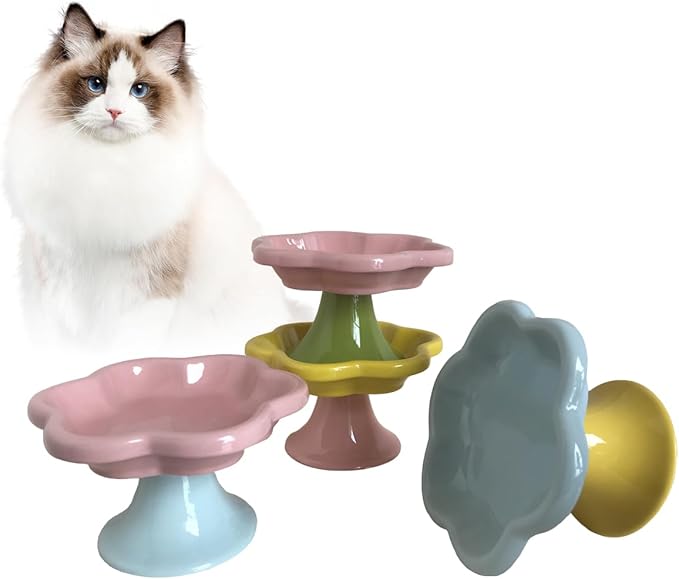 Ceramic Elevated Cat Bowls Flower Dish,Small Raised Dish.Flower Ceramic Raised Bowls for Cats and Small Dogs reducing pet’s Neck Bending and Pressure （Pink Green）