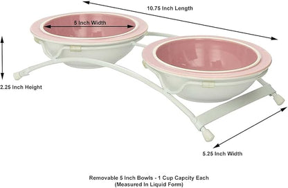 Two 1-Cup Dishwasher-Safe Stoneware Bowl Capacity 10.75-Inch Length 2.25-Inch Tall for Extra Small and Small Dogs and Cats, White and Pink