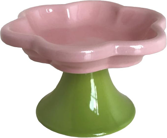 Ceramic Elevated Cat Bowls Flower Dish,Small Raised Dish.Flower Ceramic Raised Bowls for Cats and Small Dogs reducing pet’s Neck Bending and Pressure （Pink Green）