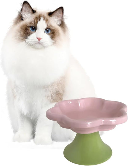 Ceramic Elevated Cat Bowls Flower Dish,Small Raised Dish.Flower Ceramic Raised Bowls for Cats and Small Dogs reducing pet’s Neck Bending and Pressure （Pink Green）