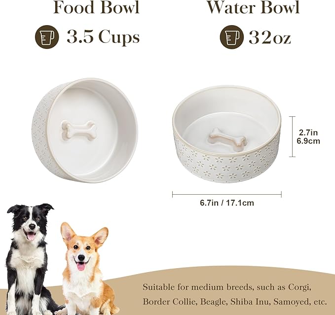 Ceramic Dog Food Bowl, 3.5 Cups or 32oz Dog Food Water Dish for Mudium Breeds, Pet Bowl Dishwasher & Microwave Safe, Five-Leaf Grass