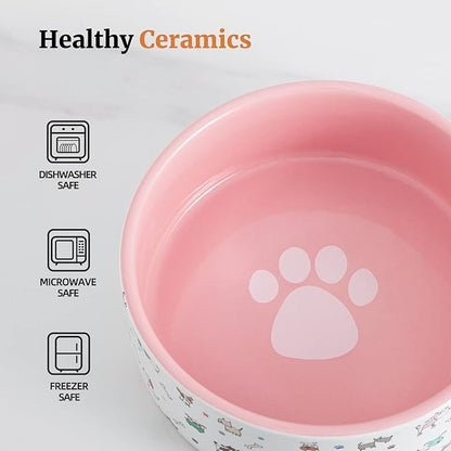 Ceramic Dog Bowls for Small Dogs, 16 Fl Oz Heavy Food and Water Bowl with Adorable Patterns (Small, Pink)