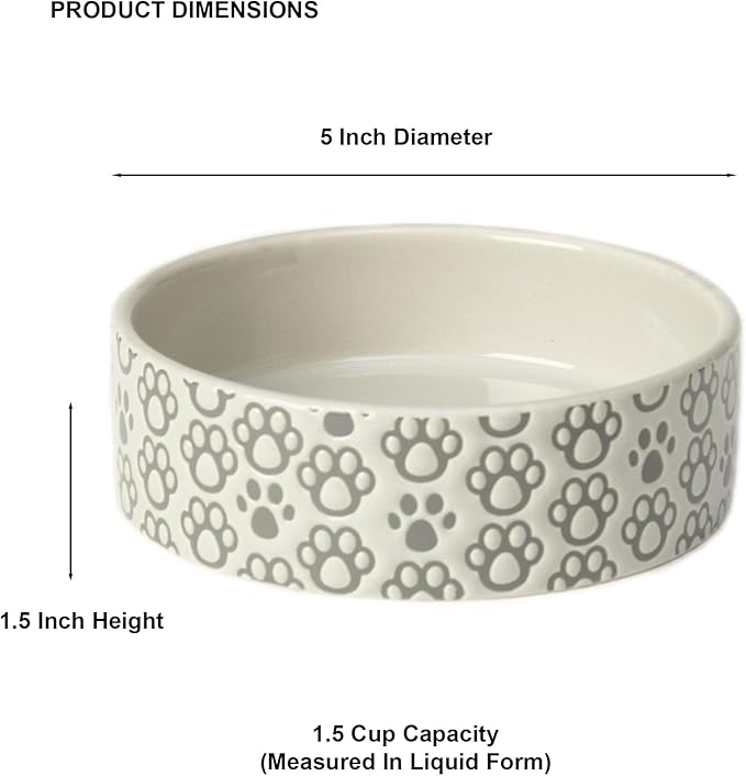 Shallow Round Stoneware Dog Bowl 5-Inch Width and 1.5-Inch Height 1.5-Cups Capacity, Grey