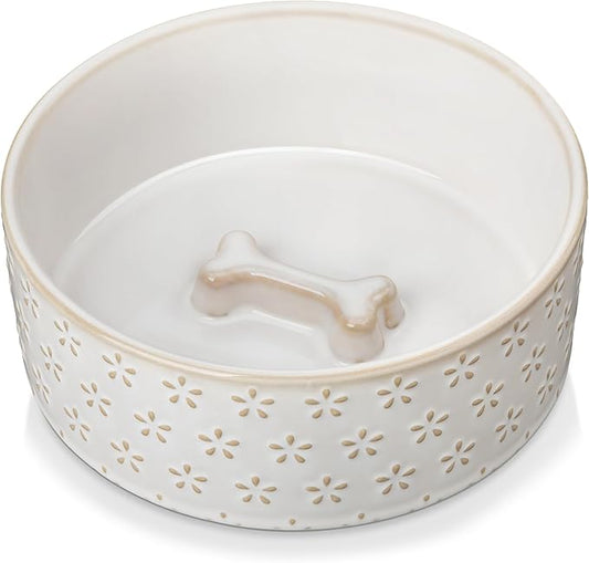 Ceramic Dog Food Bowl, 3.5 Cups or 32oz Dog Food Water Dish for Mudium Breeds, Pet Bowl Dishwasher & Microwave Safe, Five-Leaf Grass
