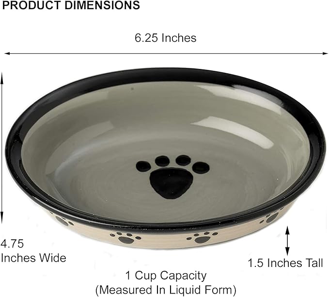Stoneware Cat Bowl 6.25-Inch Wide and 1.5-Inch Tall Saucer with 1-Cup Capacity and Dishwasher and Microwave Safe for Small Dogs and Cats, Black