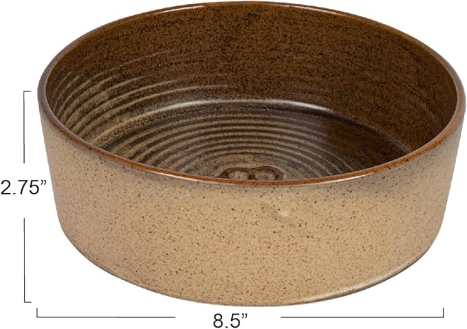 Round Debossed Stoneware Pet Bowl with Paw Print, Reactive Glaze, Brown