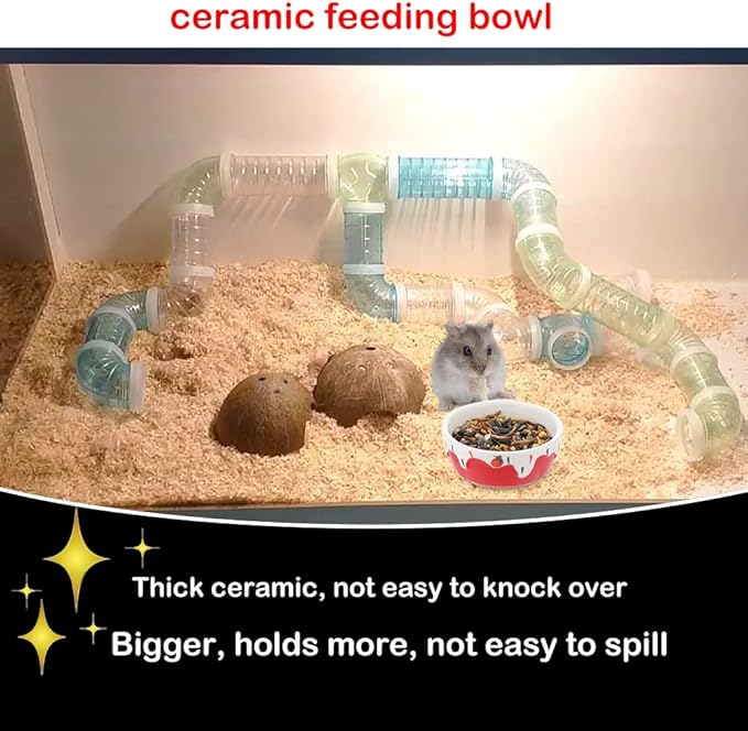 2 Pcs Hamster Ceramic Bowl, Small Animals Anti-Turning Food Water Bowl for Rabbit Hamster Guinea Pig Hedgehog Squirrel (Pink and Red)