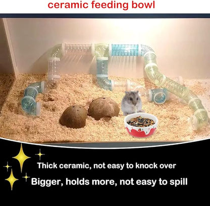 2 Pcs Hamster Ceramic Bowl, Small Animals Anti-Turning Food Water Bowl for Rabbit Hamster Guinea Pig Hedgehog Squirrel (Pink and Red)