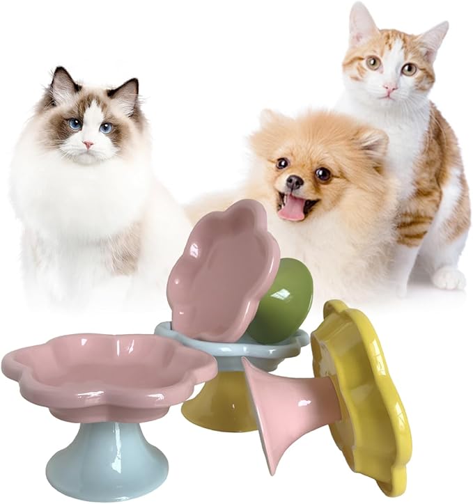 Ceramic Elevated Cat Bowls Flower Dish,Small Raised Dish.Flower Ceramic Raised Bowls for Cats and Small Dogs reducing pet’s Neck Bending and Pressure （Pink Green）