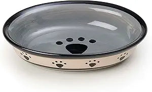 Stoneware Cat Bowl 6.25-Inch Wide and 1.5-Inch Tall Saucer with 1-Cup Capacity and Dishwasher and Microwave Safe for Small Dogs and Cats, Black