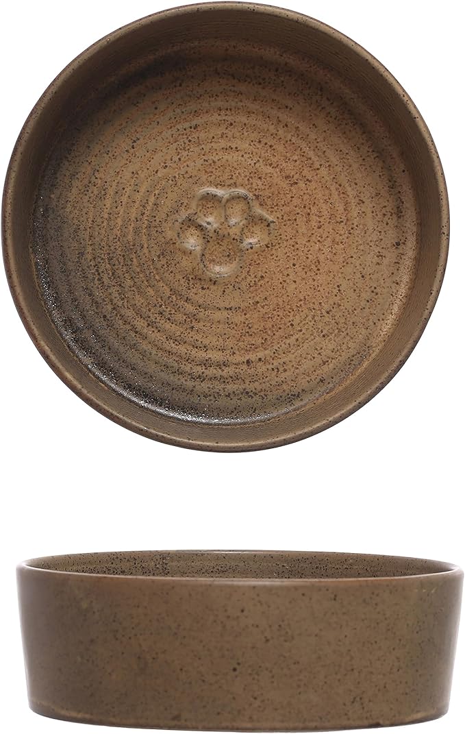 Round Debossed Stoneware Pet Bowl with Paw Print, Reactive Glaze, Brown