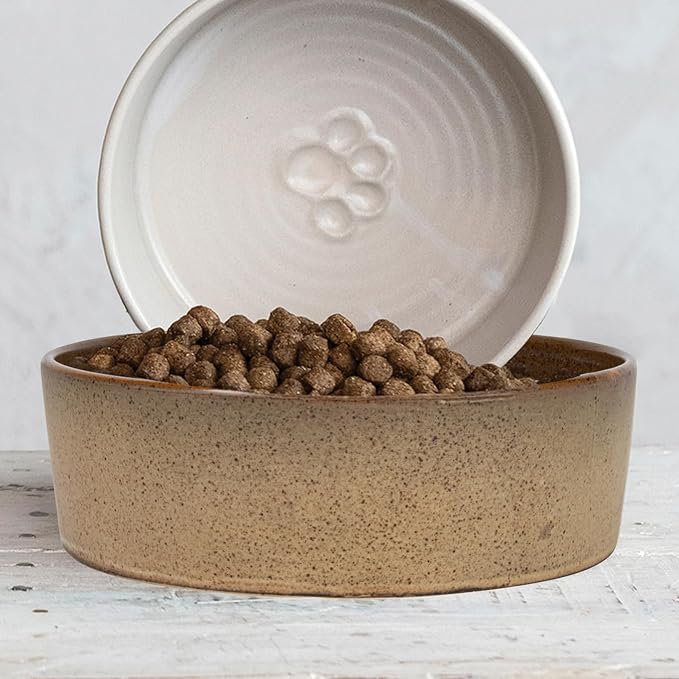 Round Debossed Stoneware Pet Bowl with Paw Print, Reactive Glaze, Brown