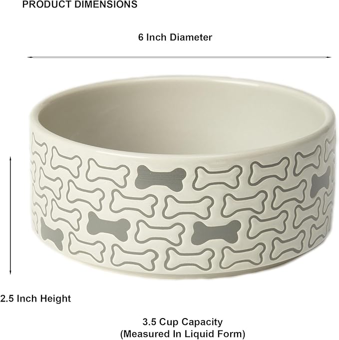 Round Stoneware Dog Bowl 6-Inch Width and 2.5-Inch Height 3.5-Cups Capacity, Grey