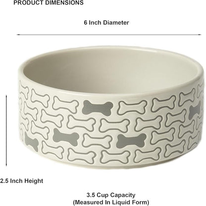 Round Stoneware Dog Bowl 6-Inch Width and 2.5-Inch Height 3.5-Cups Capacity, Grey