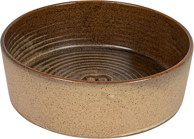 Round Debossed Stoneware Pet Bowl with Paw Print, Reactive Glaze, Brown