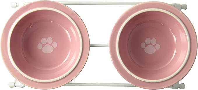 Two 1-Cup Dishwasher-Safe Stoneware Bowl Capacity 10.75-Inch Length 2.25-Inch Tall for Extra Small and Small Dogs and Cats, White and Pink