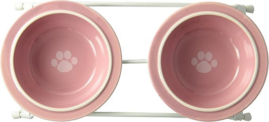 Two 1-Cup Dishwasher-Safe Stoneware Bowl Capacity 10.75-Inch Length 2.25-Inch Tall for Extra Small and Small Dogs and Cats, White and Pink